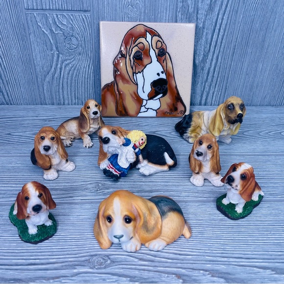 Bundle of 9 basset hound figurines sculptures and trivet tile decorations dog - Picture 2 of 16